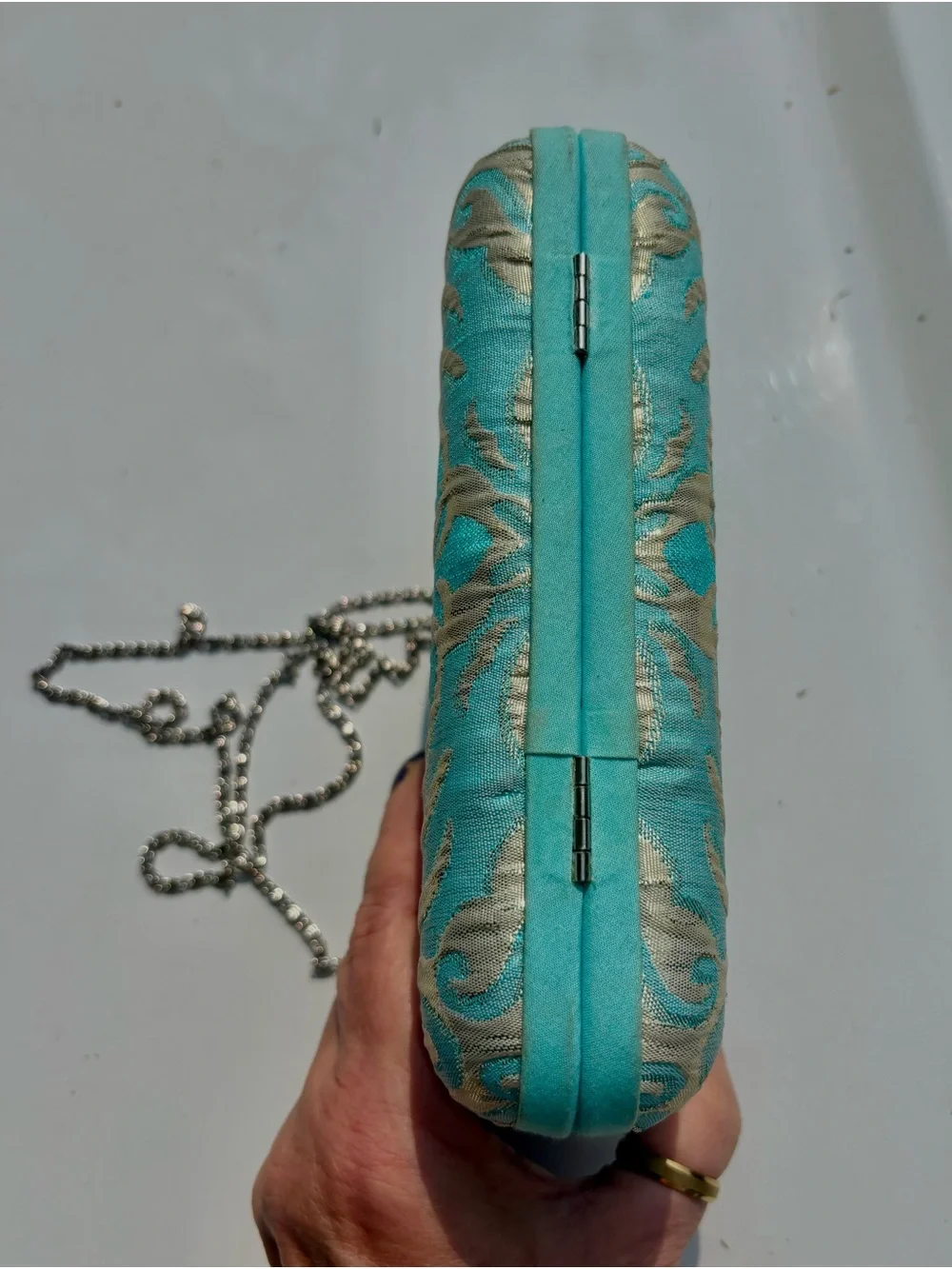 Roberta Freymann Turquoise and Gold Embossed Clutch/Chain Crossbody- Kiss lock